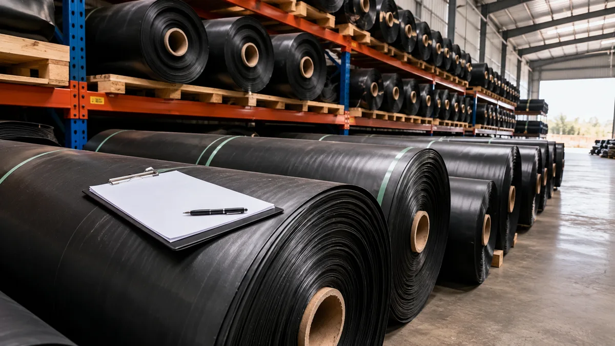 Rows of black HDPE geomembrane rolls racked in a supplier's warehouse with a specification clipboard on top