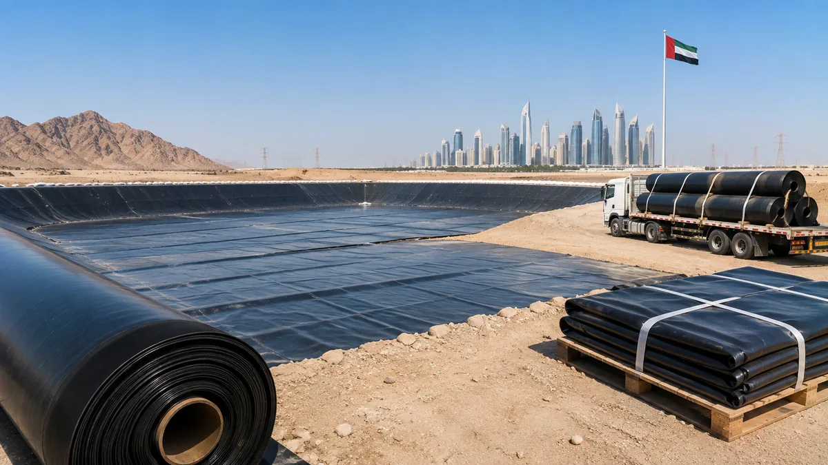HDPE-lined basin in the UAE with the Dubai skyline, mountains and a truck of liner rolls in the background