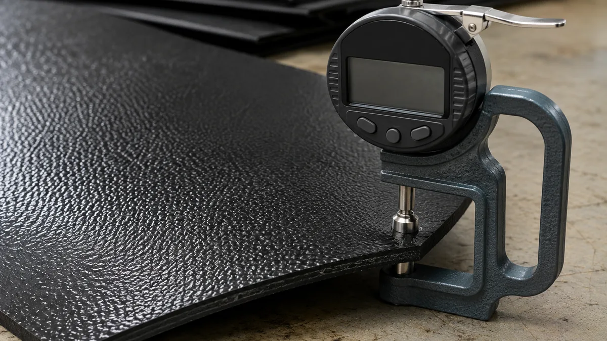 Digital thickness gauge measuring the core thickness of a textured black HDPE geomembrane sample