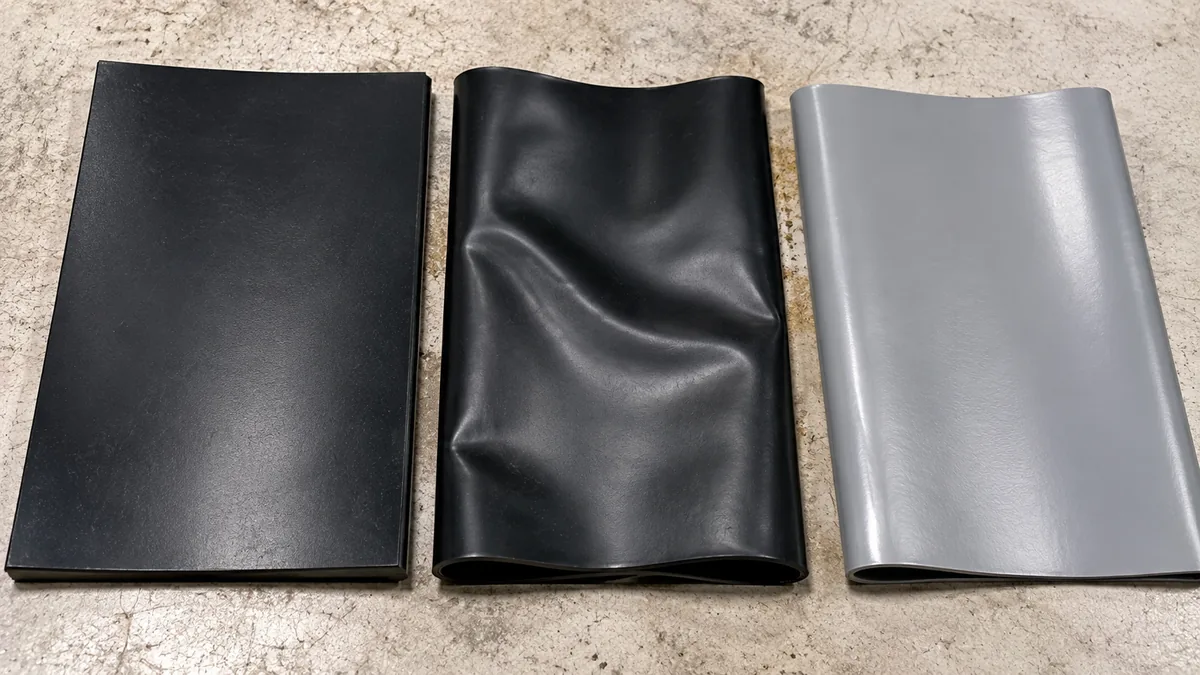Three geomembrane samples laid side by side: rigid black HDPE, flexible black LLDPE and grey PVC sheet