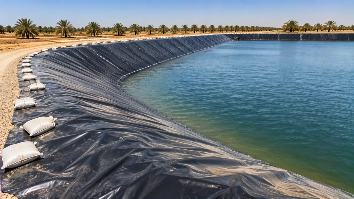 HDPE-lined farm irrigation reservoir holding water, sandbagged liner edge and date palms in the distance