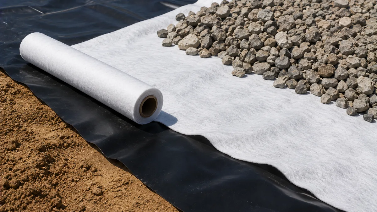 Protection geotextile rolled out over black HDPE geomembrane with coarse drainage stone placed on top