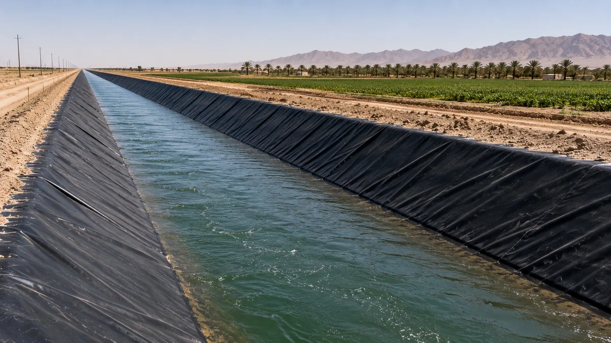 Long trapezoidal irrigation canal lined with black HDPE geomembrane running between green farmland in the UAE