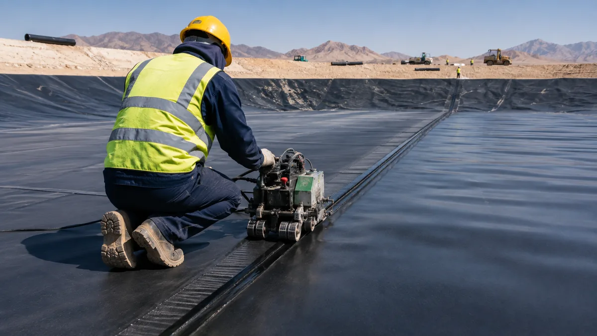 Technician in high-visibility clothing hot-wedge welding HDPE geomembrane panels in a lined basin in the UAE