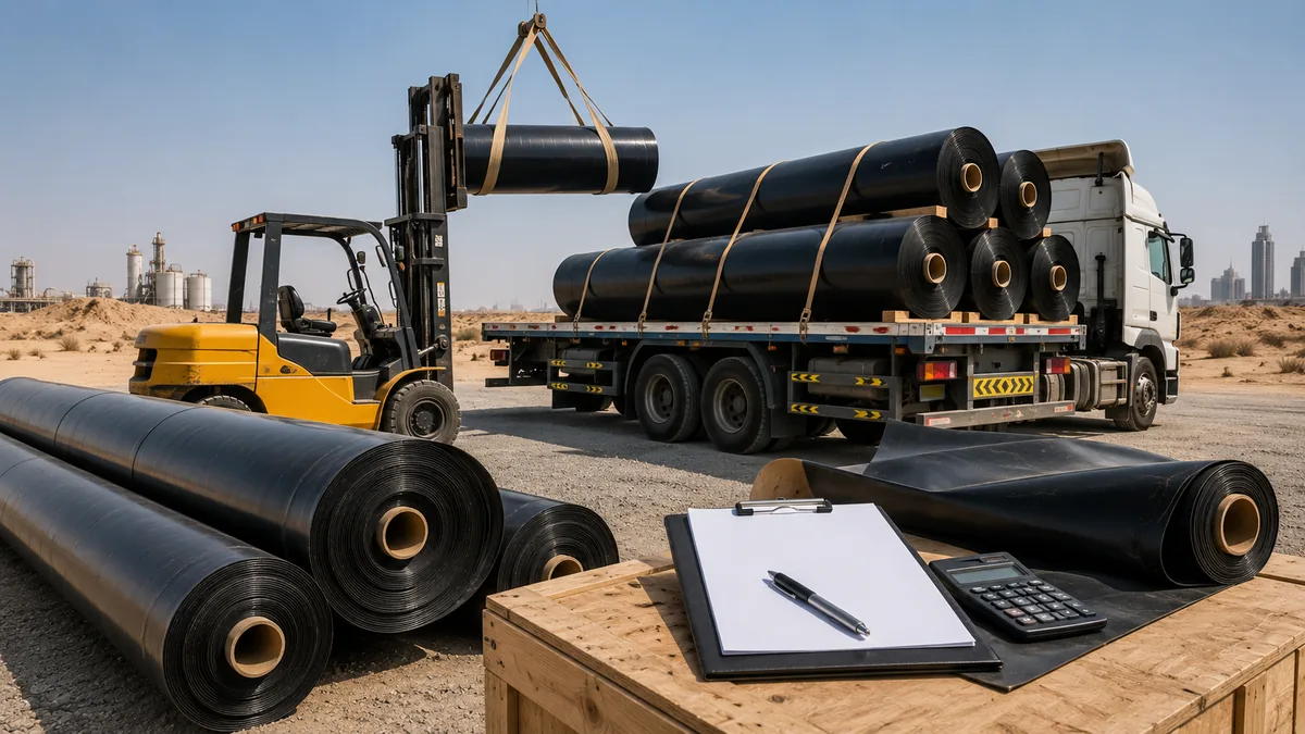 Forklift loading HDPE geomembrane rolls onto a flatbed truck, clipboard and calculator on a crate in front