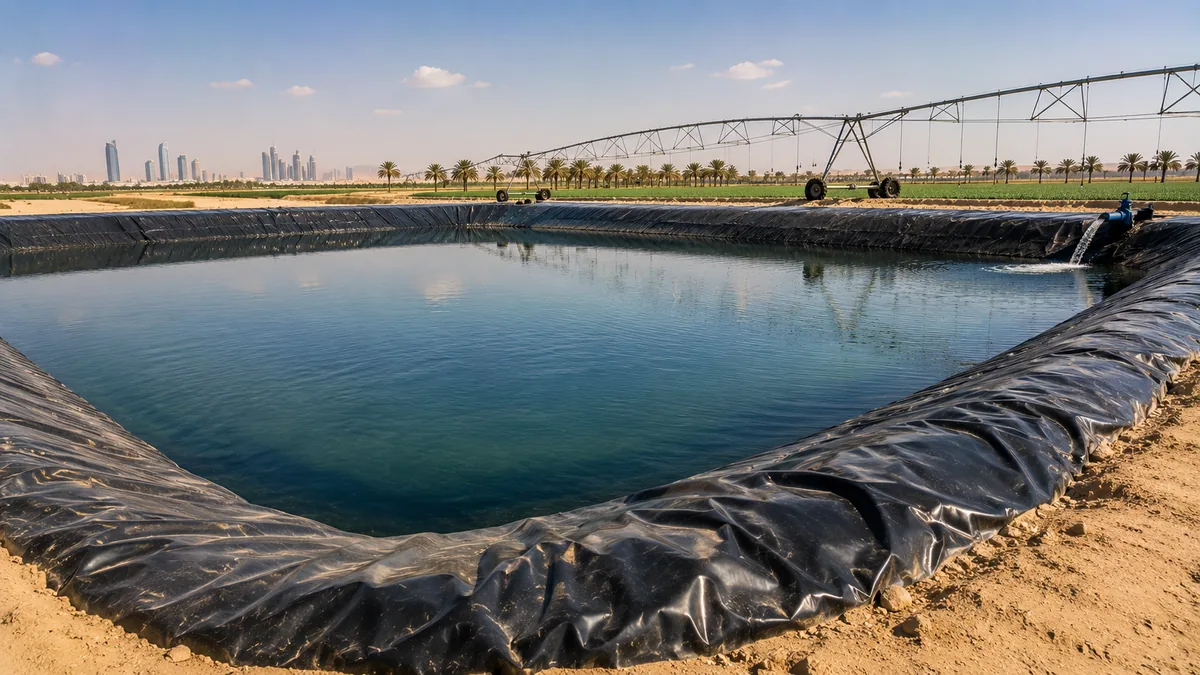 HDPE-lined irrigation reservoir in Abu Dhabi farmland with a centre-pivot irrigation boom in the background