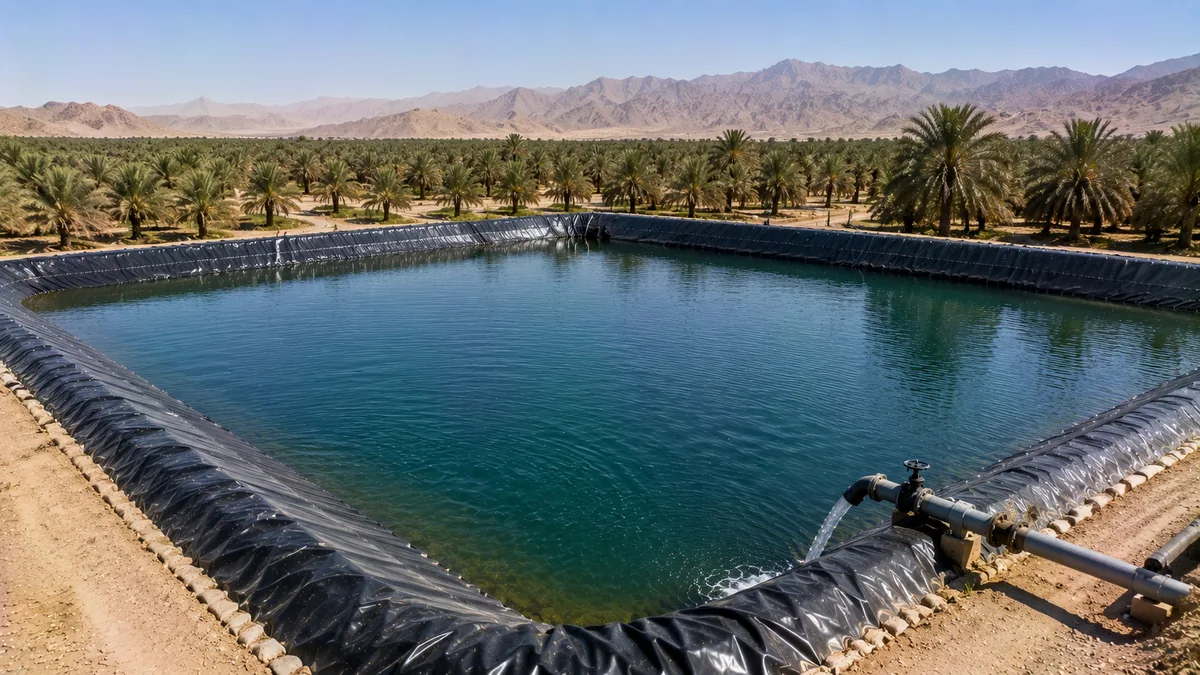 HDPE-lined farm reservoir near Al Ain surrounded by date palm plantations with mountains on the horizon