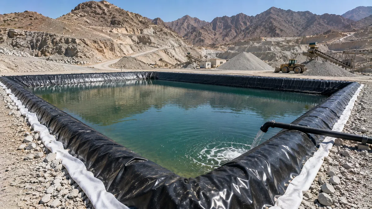 HDPE-lined settlement pond at a Ras Al Khaimah quarry, white geotextile visible at the liner edge on rock