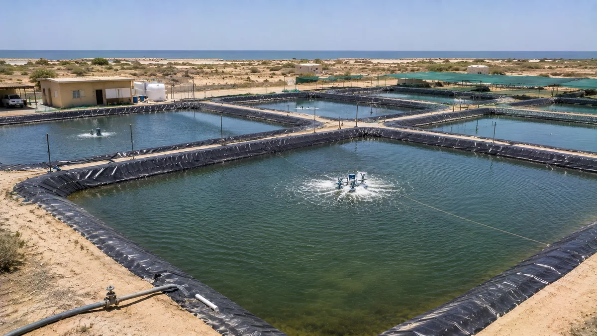 Several HDPE-lined aquaculture ponds near the coast at Umm Al Quwain with an aerator running in one basin