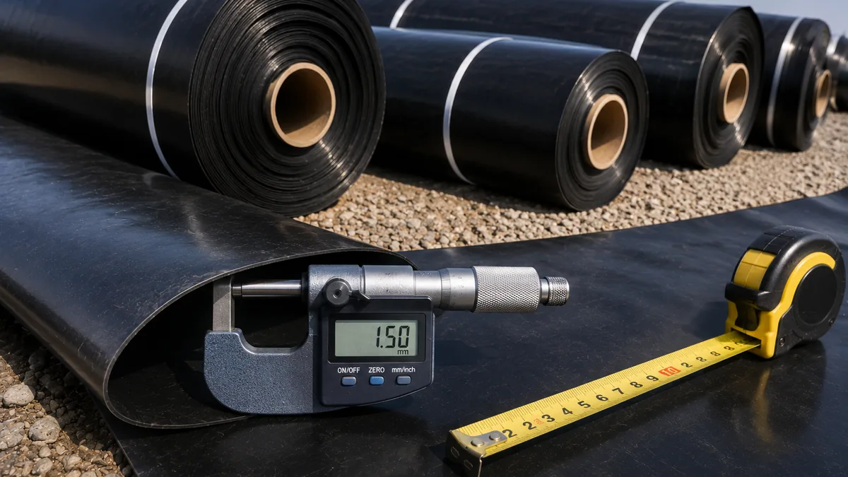Micrometer measuring 1.50 mm core thickness on HDPE geomembrane sheet with liner rolls and a tape measure