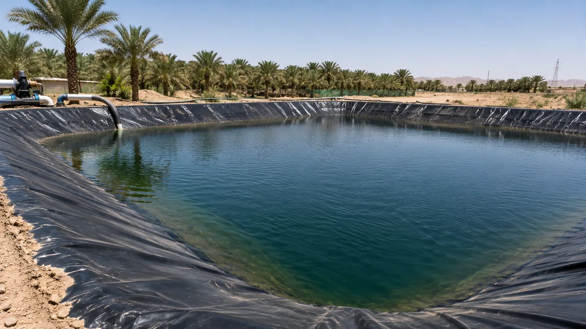 Completed HDPE-lined farm pond holding water, date palms behind and inlet pipework at the anchored crest