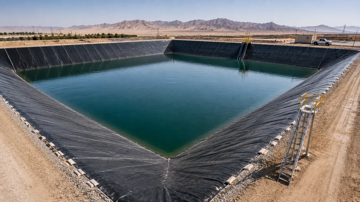 Large square HDPE-lined water reservoir in the UAE with access ladder and stone-protected anchor crest